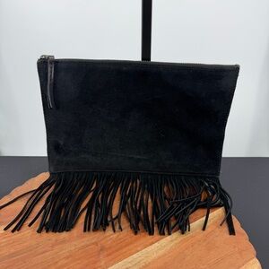 Madewell Fringed Leather and Suede Clutch black